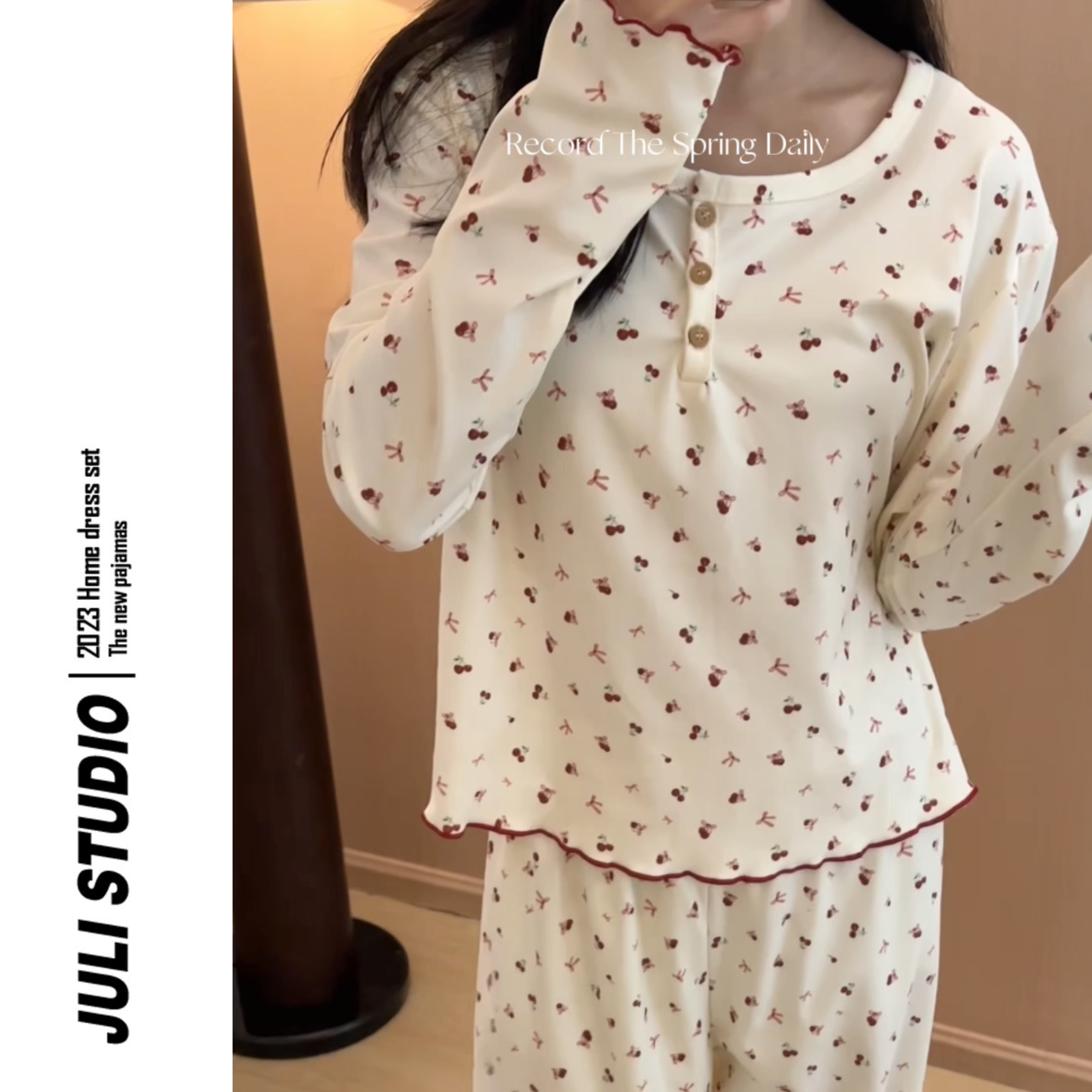 JULI<莫奈花园> 木耳边樱桃蝴蝶结圆领套头家居服睡衣套装