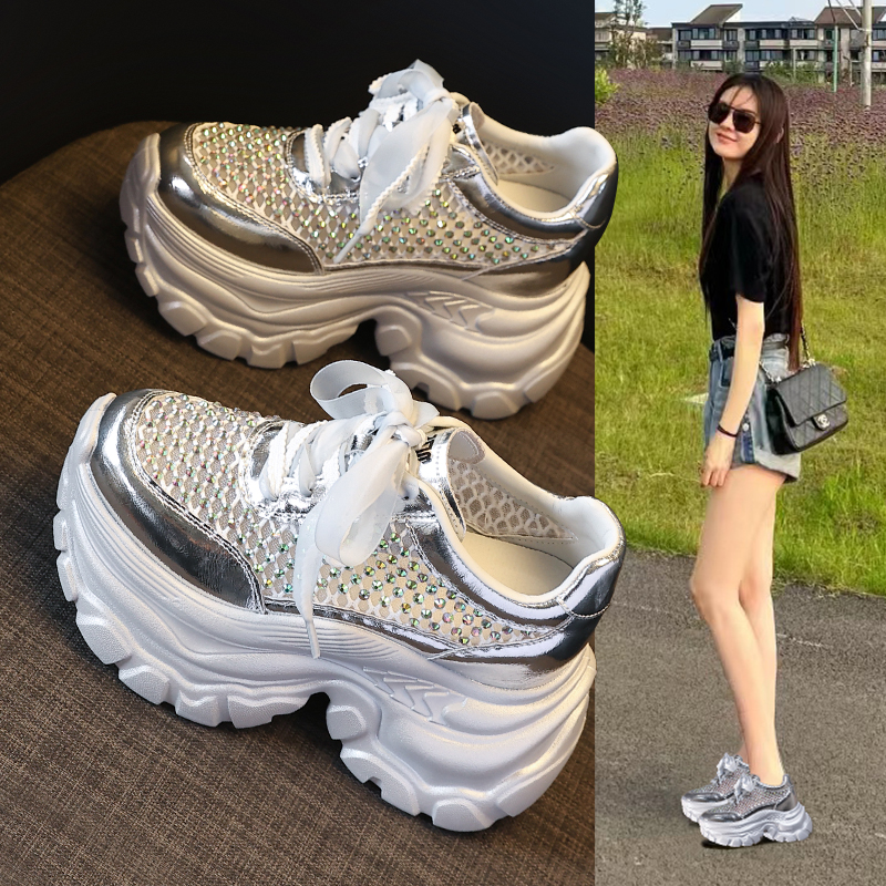 0897-36厚底内增高网面水钻老爹鞋女2025夏季新款松糕运动休闲鞋