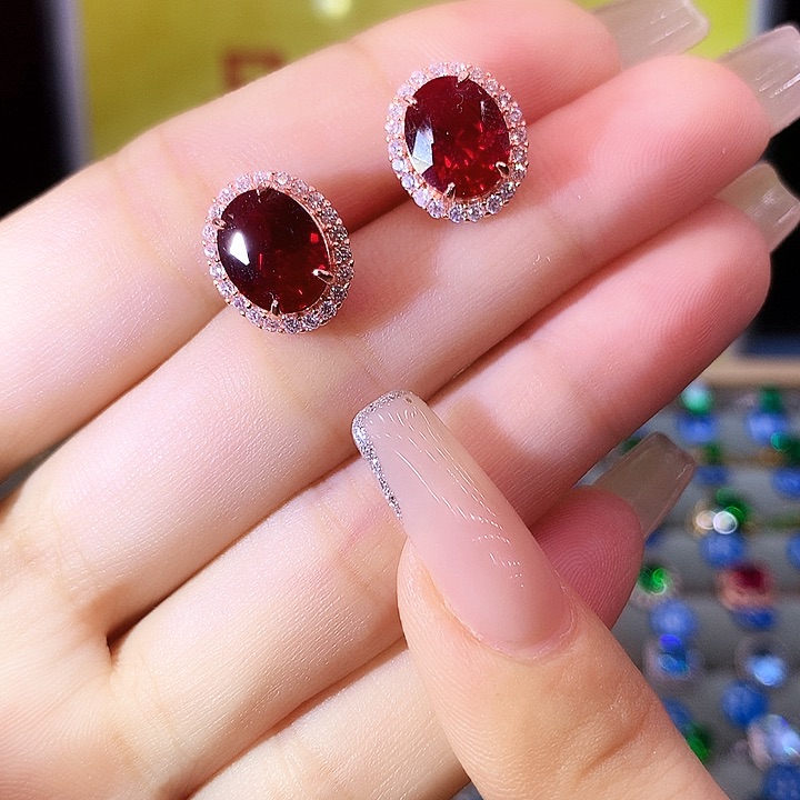 耳饰银S925镶嵌红宝石