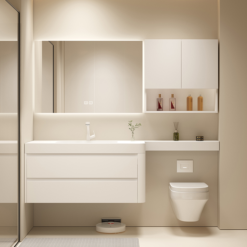 【杜乐嘉卫浴】奶油风浴室柜组合圆弧角可丽耐一体盆马桶延长开放格