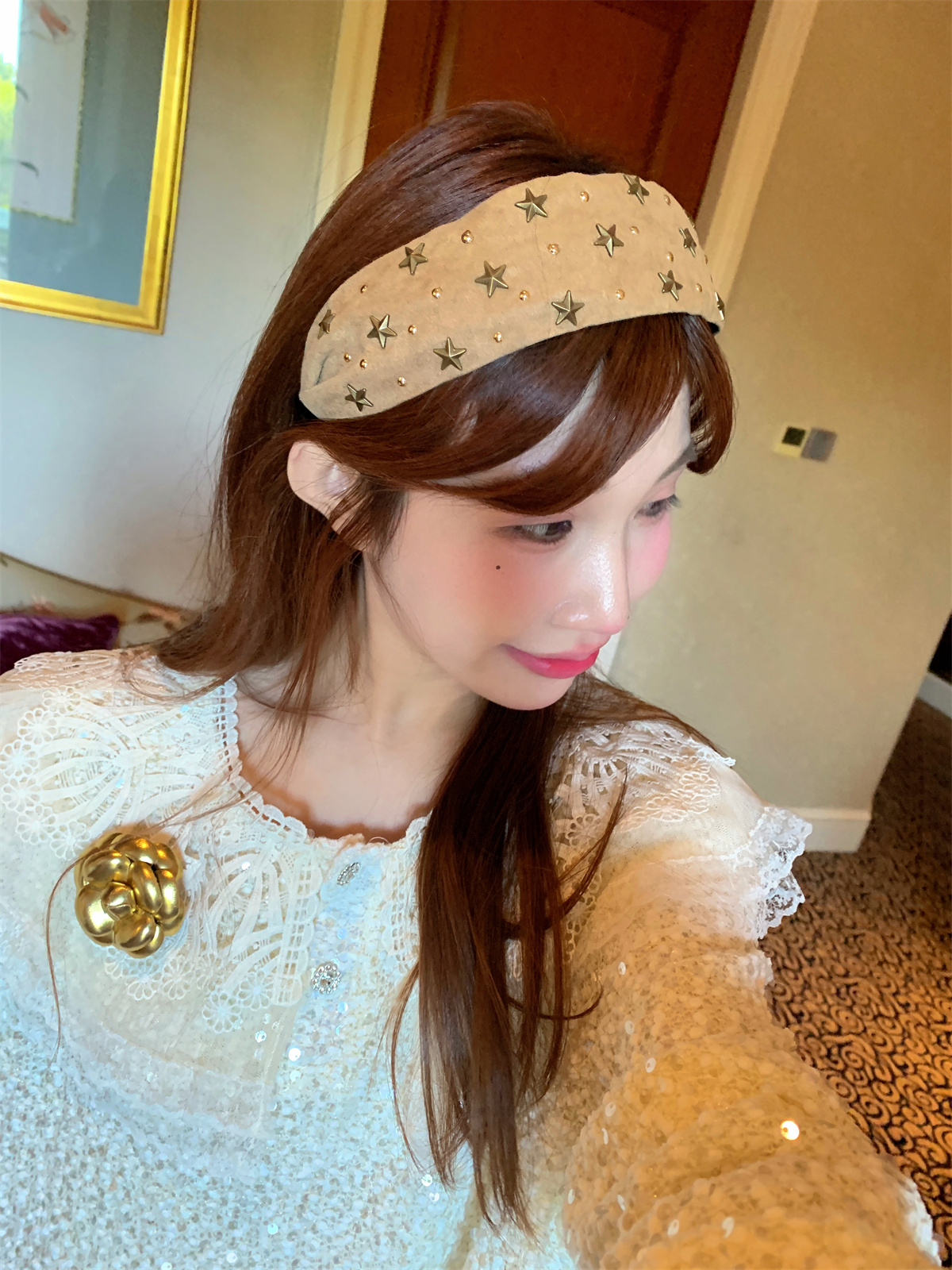 JENNIFER JXLIU韩版 自留～时髦铆钉五角星宽边显脸小复古发箍头饰