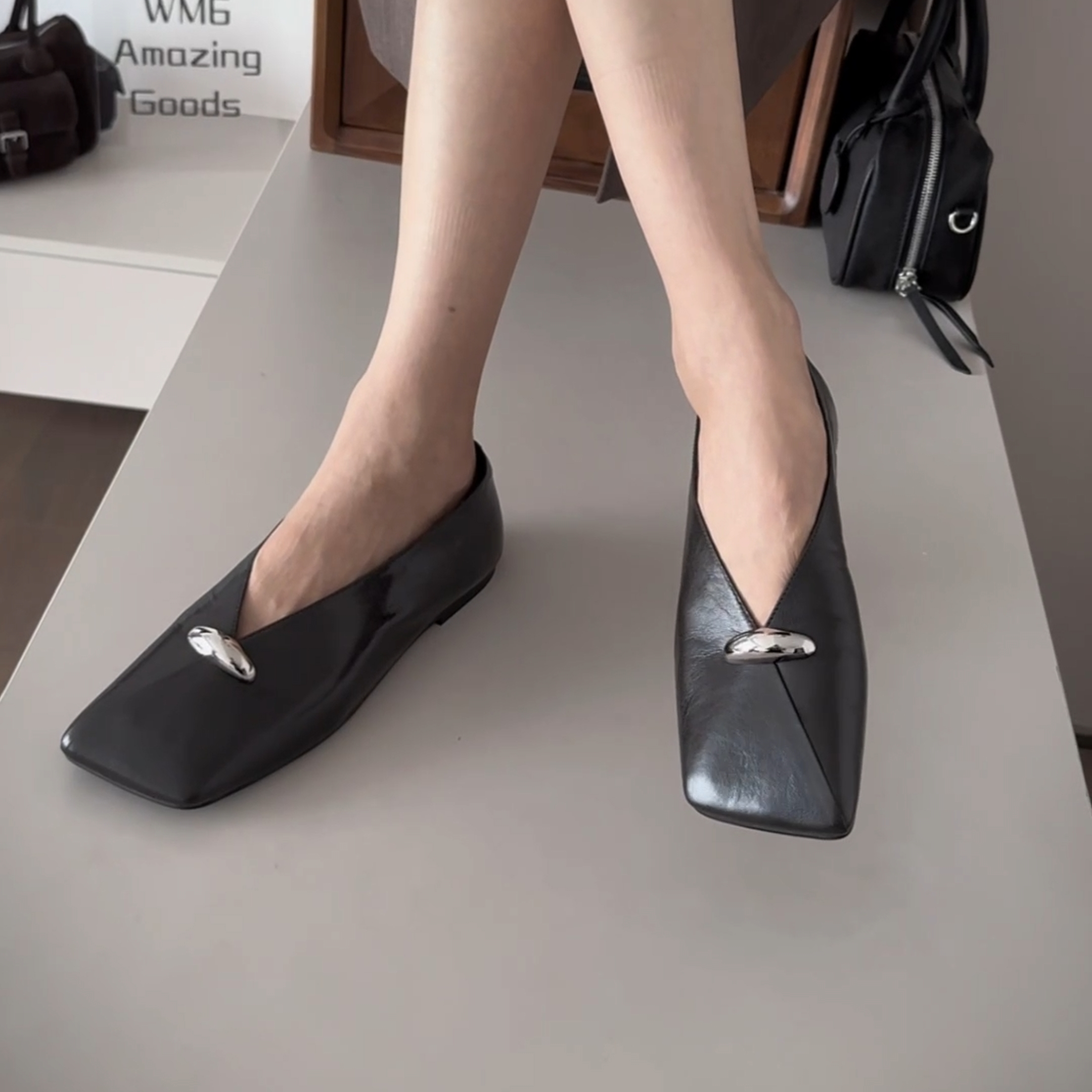 WM6cu头层牛皮方头时装单鞋时尚百搭软底复古法式