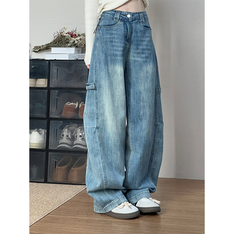 大码浅蓝色弯刀牛仔裤女春季新款美式高腰宽松直筒显瘦阔腿镰刀裤