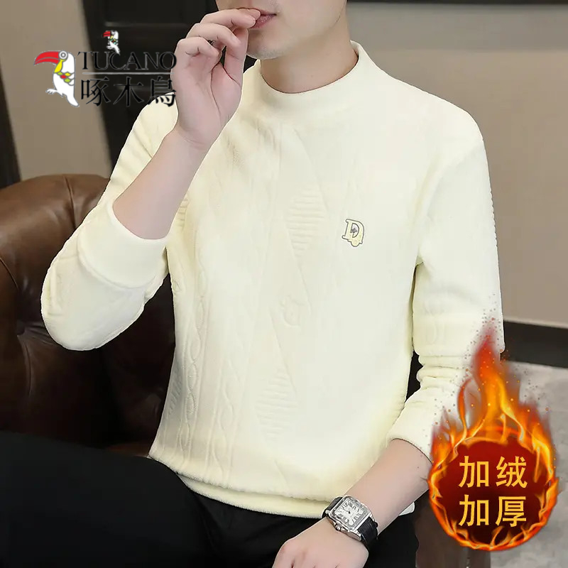 啄木鸟男士秋冬季卫衣一体海岛绒双面加绒加厚半高领时尚百搭上衣