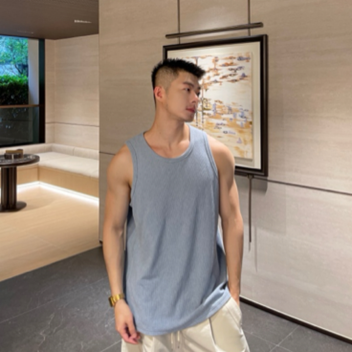 RIVER STUDIO夏季重磅300克格纹多色无袖坎肩背心