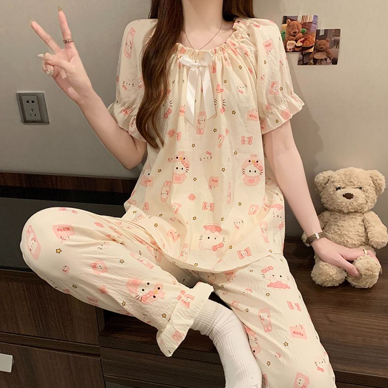 夏季韩版云朵棉甜美风短袖长裤家居服套装薄款透气KT粉猫休闲睡衣