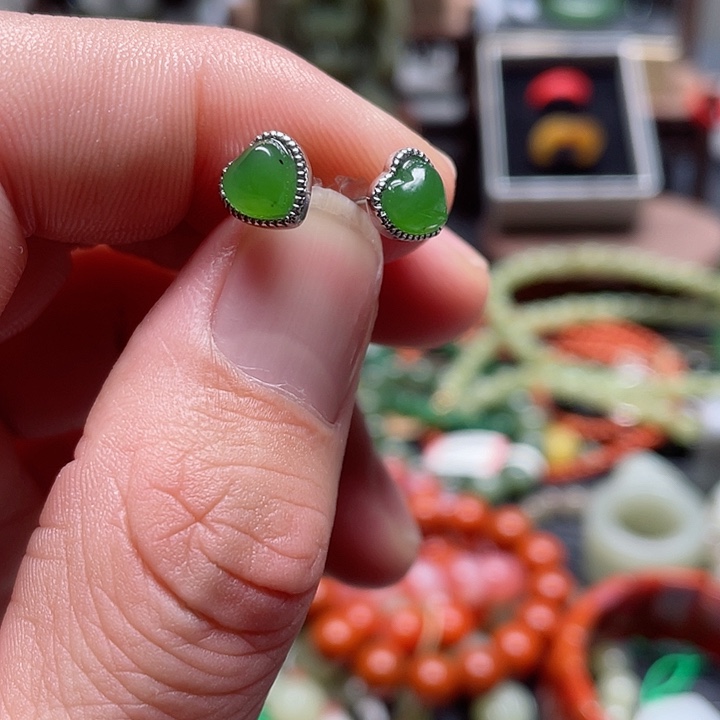 和田玉耳饰银S925镶嵌