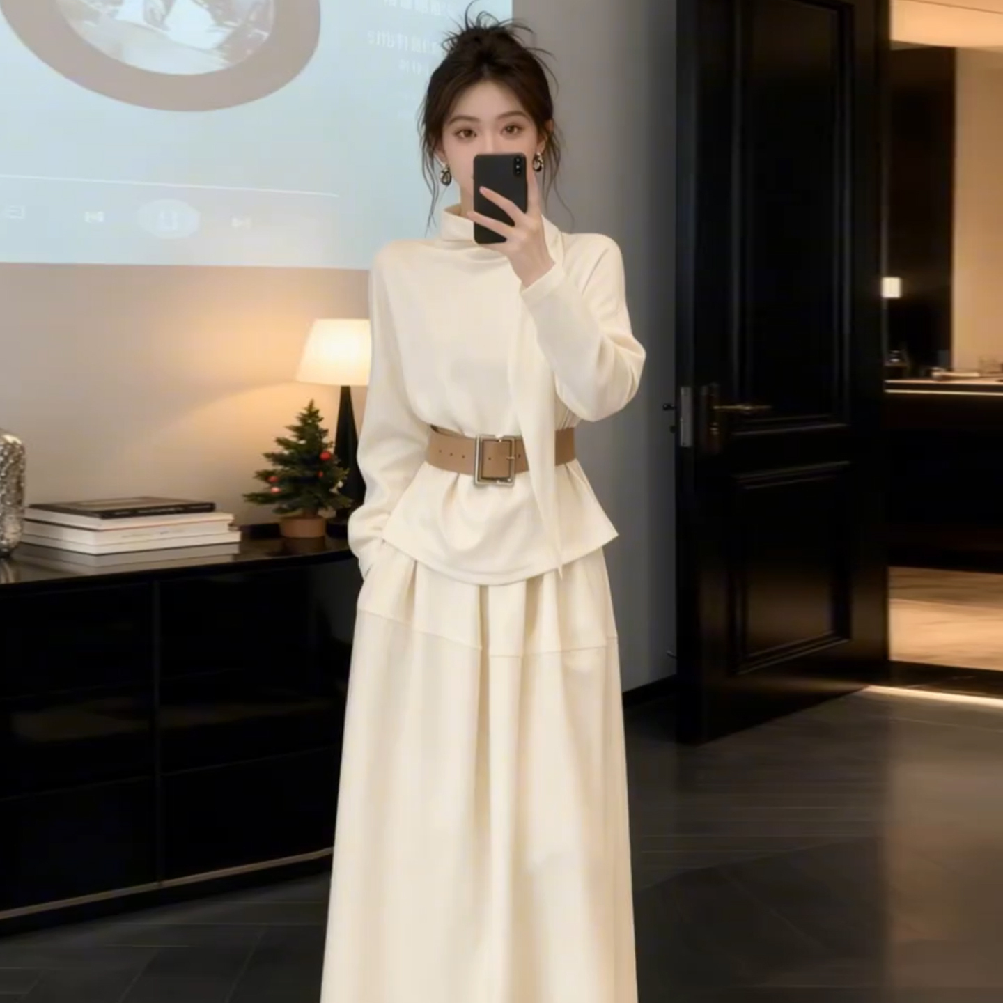 富家千金高领针织连衣裙子女秋冬季网红小香风穿搭一整套长裙套装