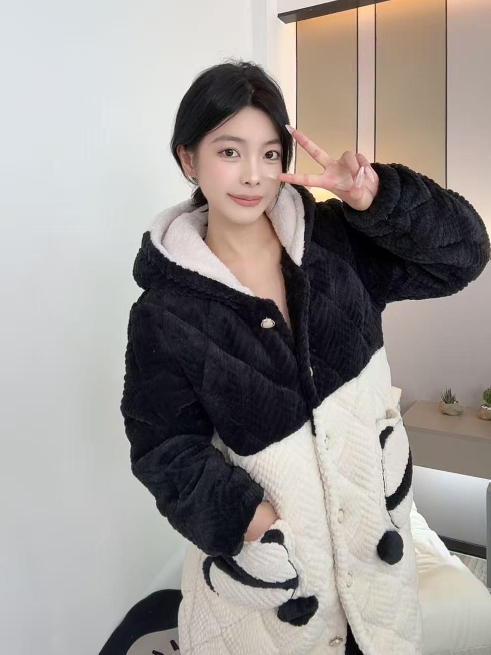 【0239熊猫】睡袍长裤厚款中长裙冬季女睡衣家居服套装加绒卡通