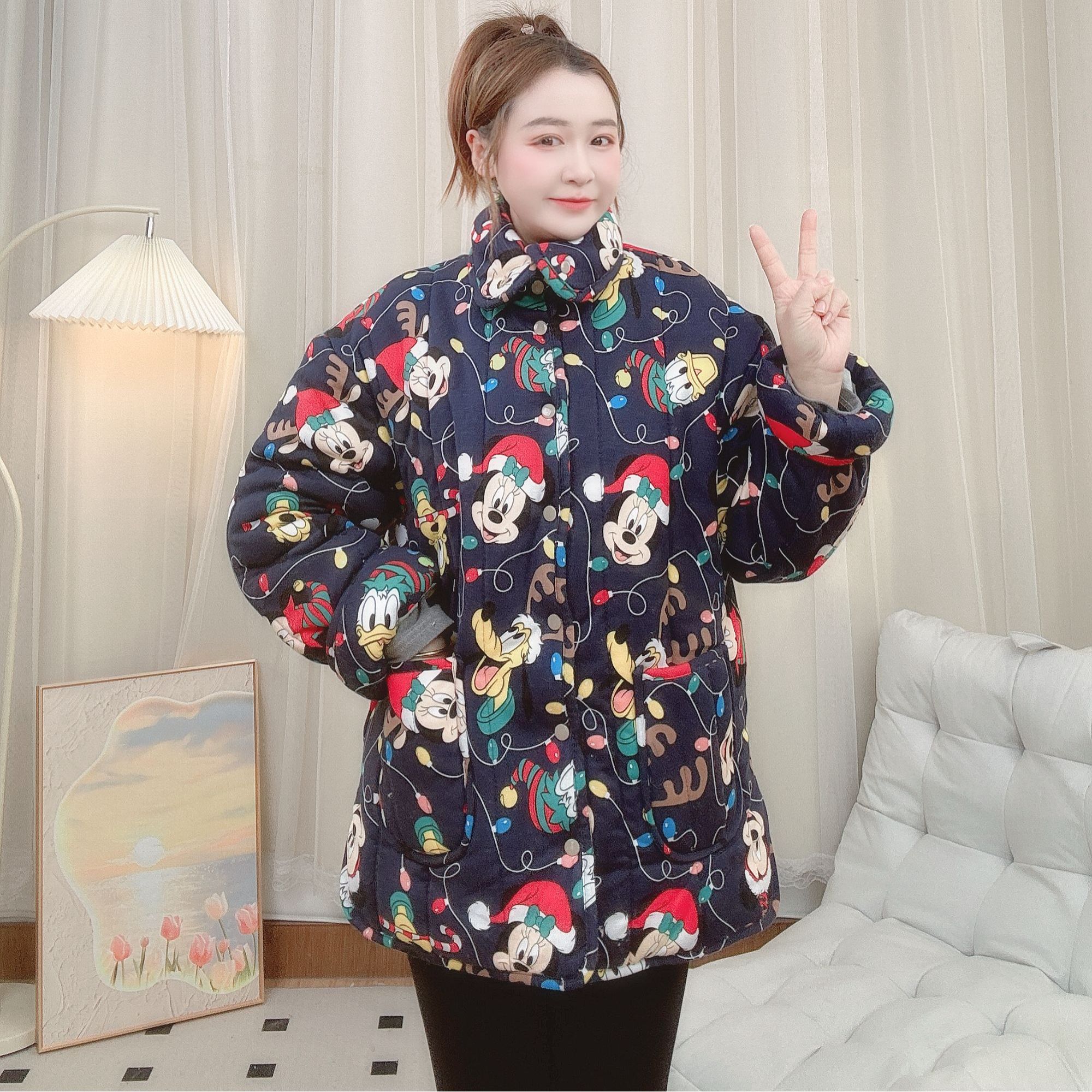 SANYUE新疆棉棉花【圣诞米奇立领短款】宽松家居服保暖棉服