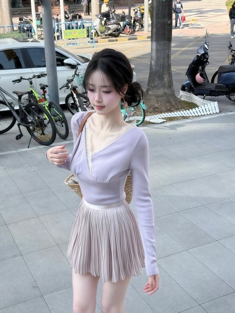 春季紫色交叉V领蕾丝打底纯欲甜美针织上衣高腰显瘦半身裙两件套