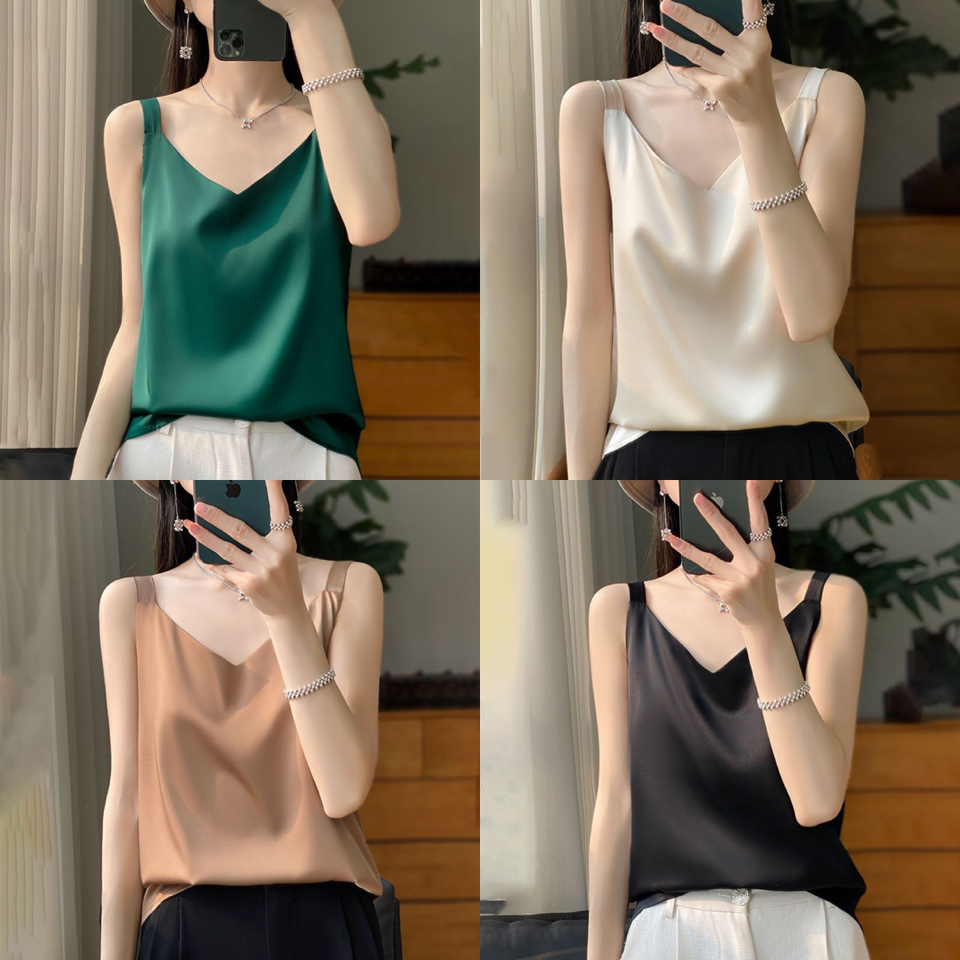 2025夏季新款吊带背心内搭打底女2025宽松缎面V领上衣
