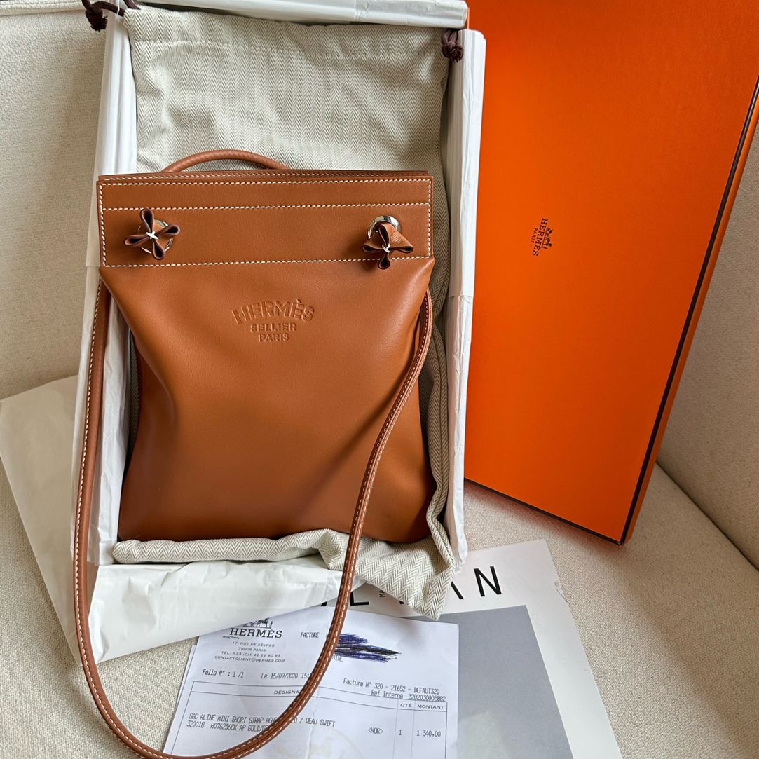 未使用 Hermes/爱马仕 全新-Aline mini小斜挎包金棕银扣Swift皮