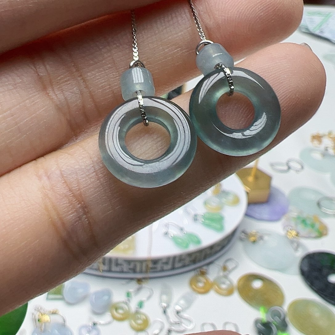 翡翠银S925镶嵌耳饰天然缅甸A货翡翠