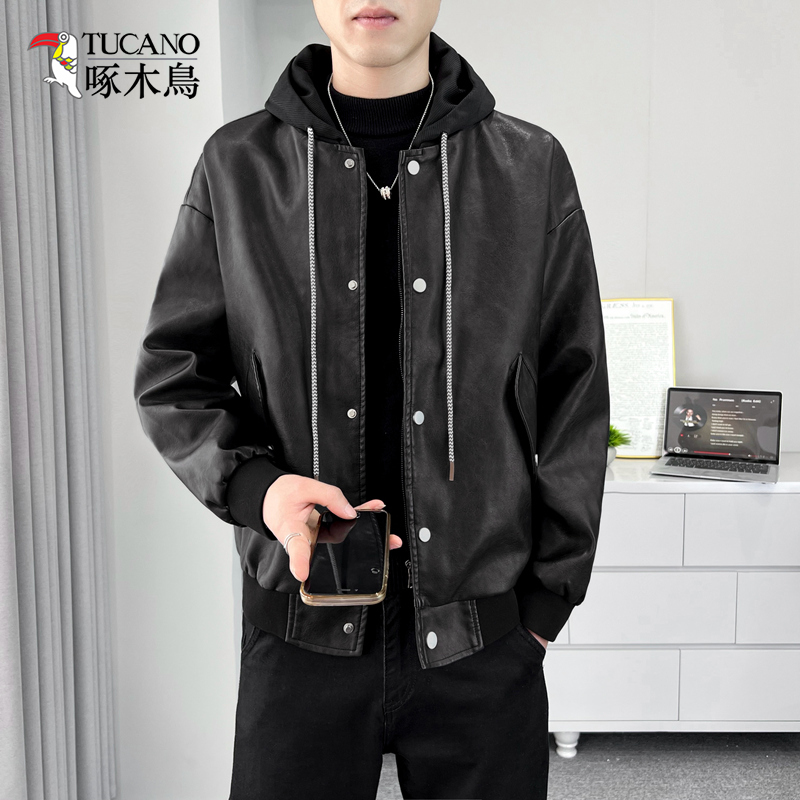 TUCANO/啄木鳥啄木鸟男士皮衣秋季高级感休闲痞帅假两件连帽夹克