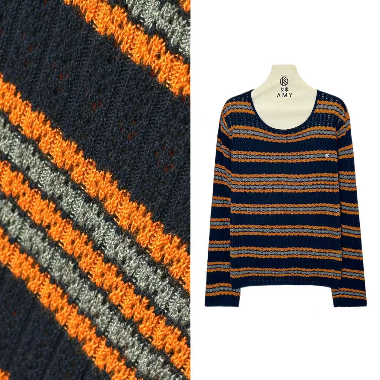 25107【秋风瑟瑟】慵懒撞色圆领针织长袖上衣毛衣