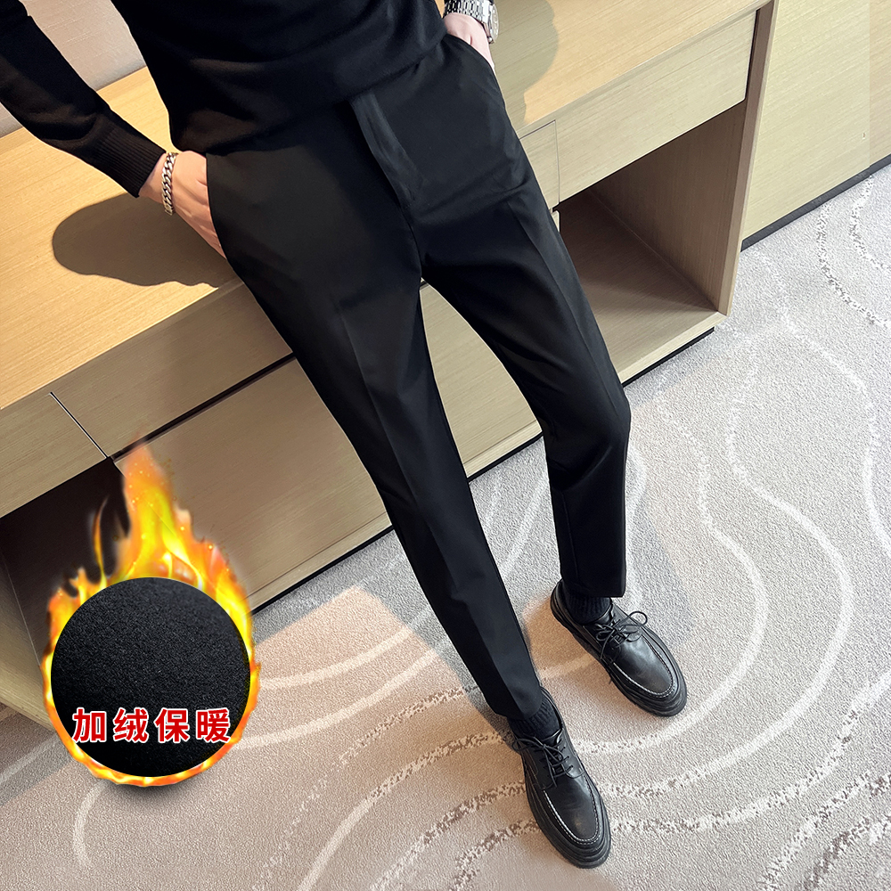 秋冬季男士休闲裤韩版潮流小脚裤修身九分裤子男黑色西装加绒长裤