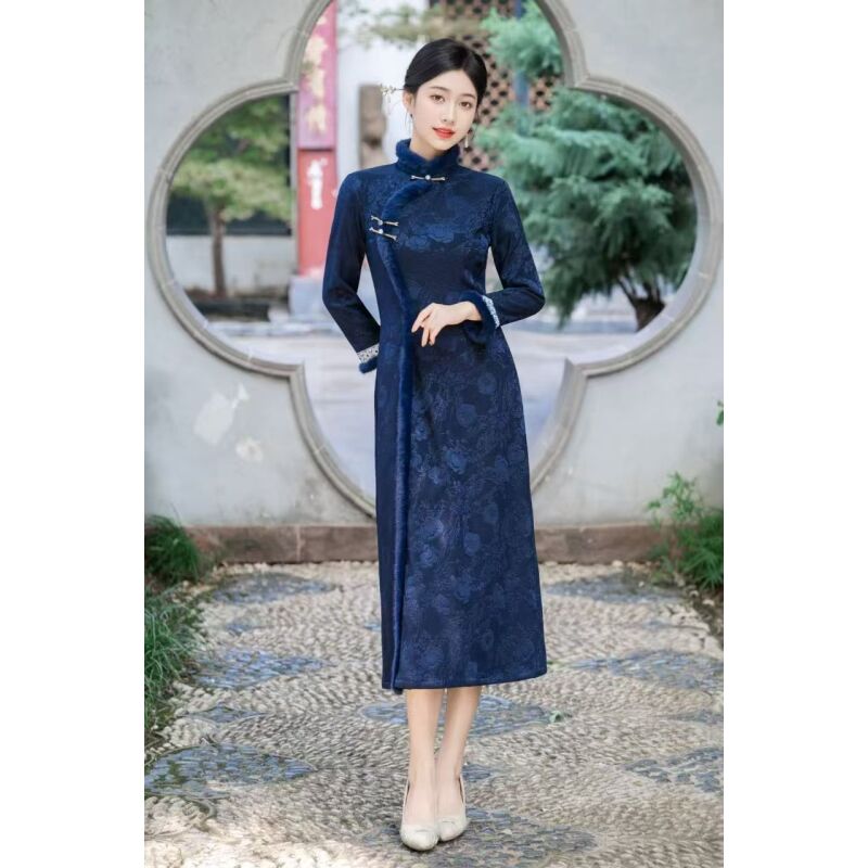 伊诺 冬季新款加绒加厚复古时尚修身奥黛改良旗袍裙，A102958