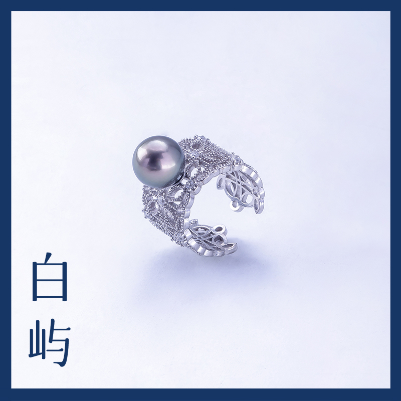  R17海水大溪地珍珠蕾丝款可调节开口S925银戒指9-10mm 