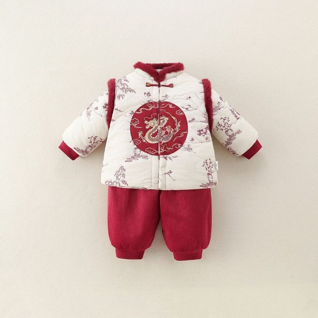 儿童唐装立领开襟套装加绒夹棉中国风新年服周岁礼服金龙加厚棉服
