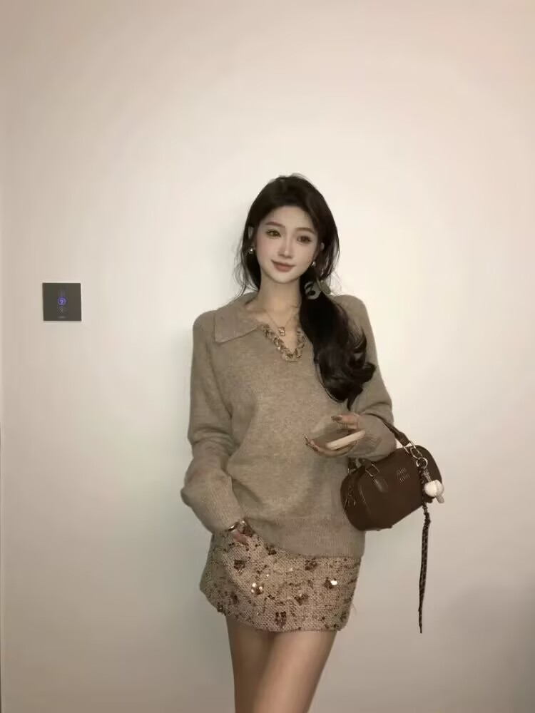 【赫尔千金】纯色简约宽松显瘦百搭休闲毛衣+小香亮片半裙L  8235#