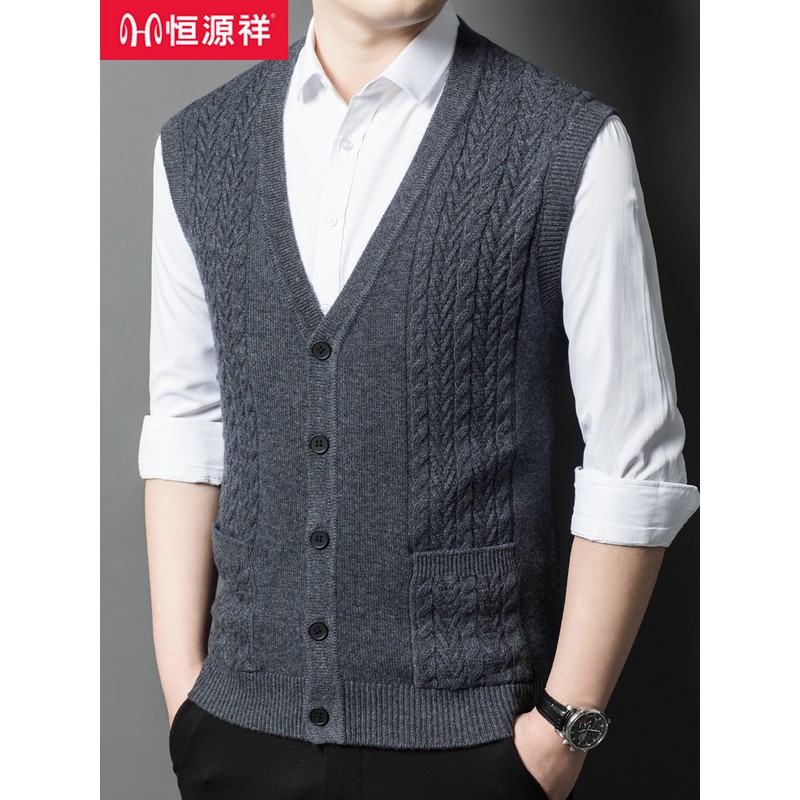 恒源祥男士羊毛衫坎肩中年马甲秋冬毛衣爸爸装无袖背心V领羊毛衫