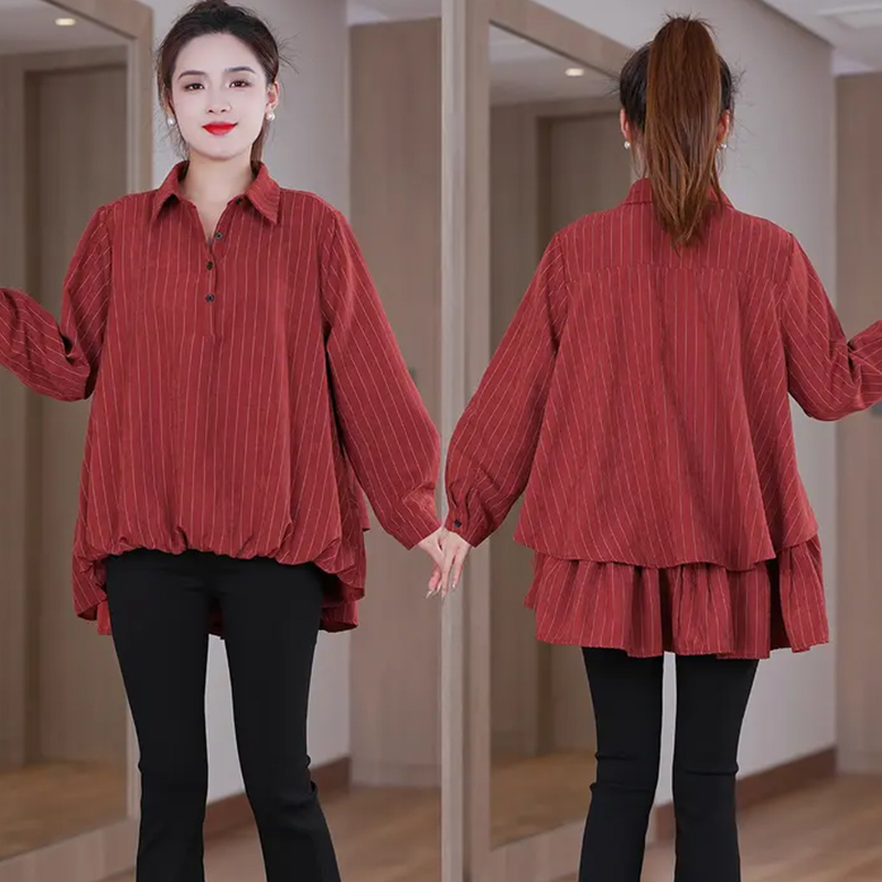春季新款长袖竖条纹衬衫女士休闲宽松遮肉打底衫洋气百搭衬衣小衫
