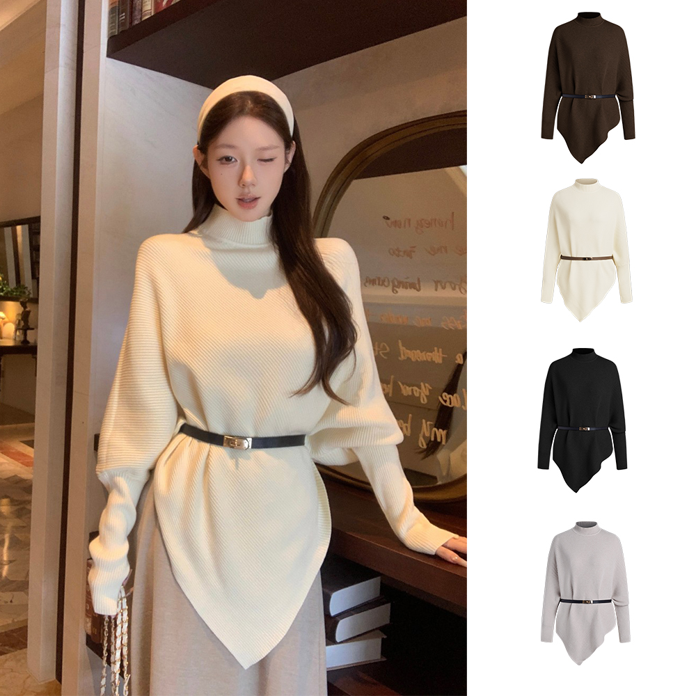 慵懒风松弛感半高领不规则套头针织衫宽松蝙蝠袖毛衣上衣女#9808