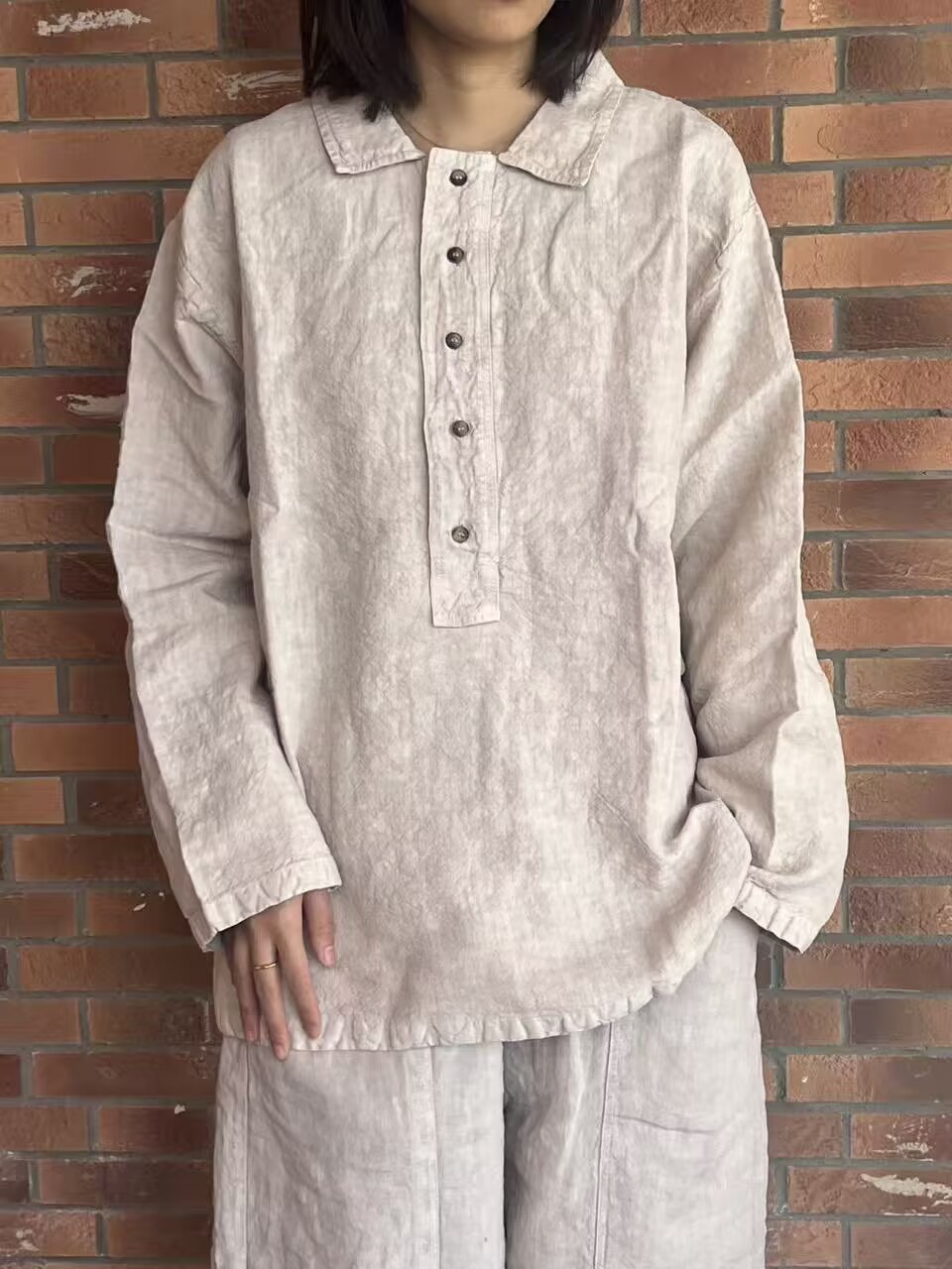 高织精梳亚麻半开领衬衣