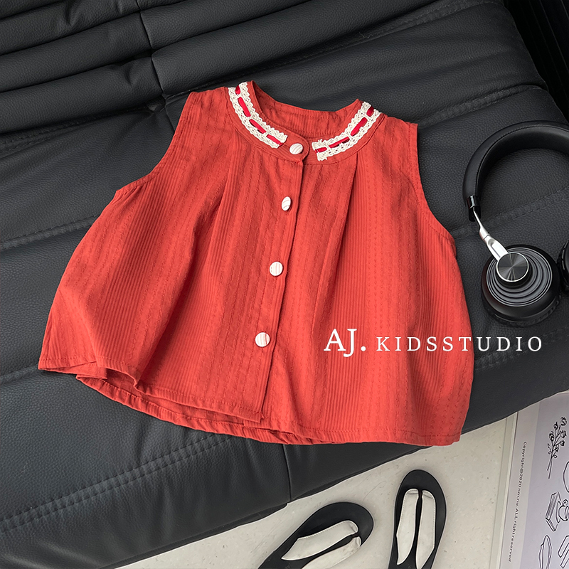 Q现【番茄沙司】阿卷女夏童棉麻蕾丝拼接设计感轻薄背心上衣MPG6390