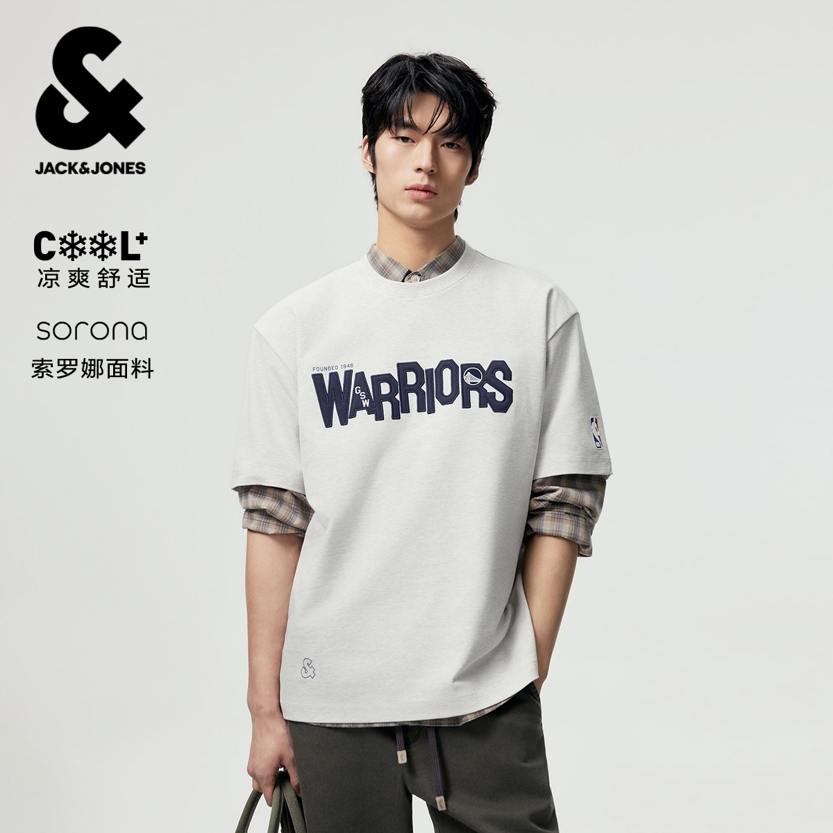 【凉感】杰克琼斯男装短袖T恤NBA联名金州勇士队字母胶印宽松