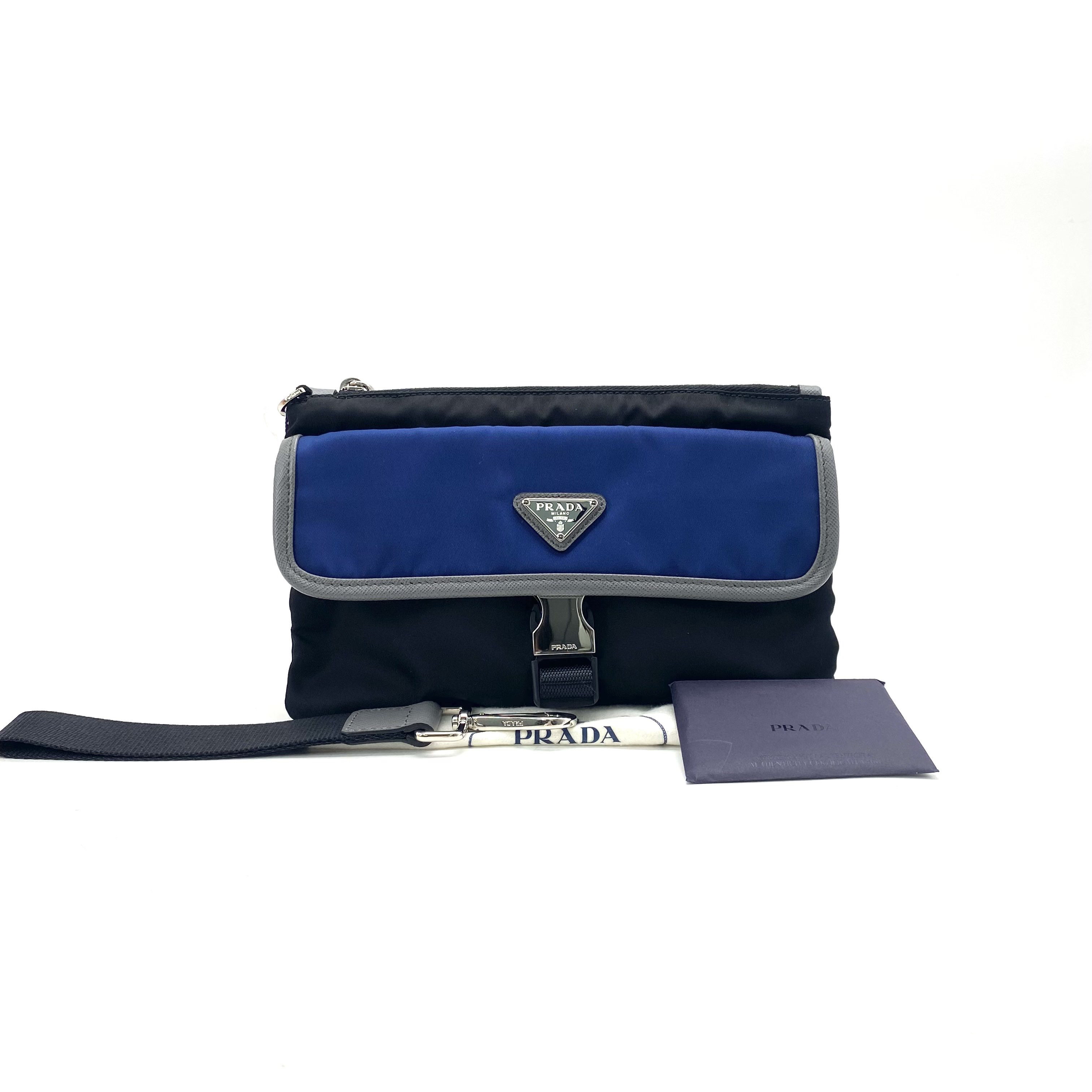 99新 Prada/普拉达 普拉达 蓝黑拼色尼龙小号手拿包 尺寸24/14