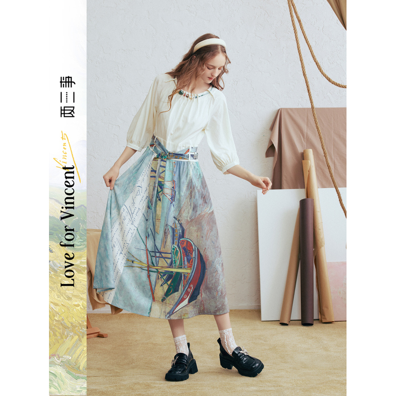 两三事云牧深海串珠圆领裙摆系带连衣裙S26CLY299