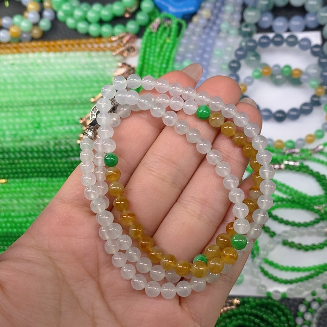 颈饰未镶嵌翡翠缅甸天然翡翠冰种三彩项链5.5