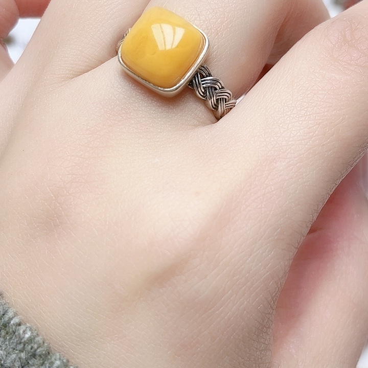 蜜蜡戒指银S925镶嵌天然