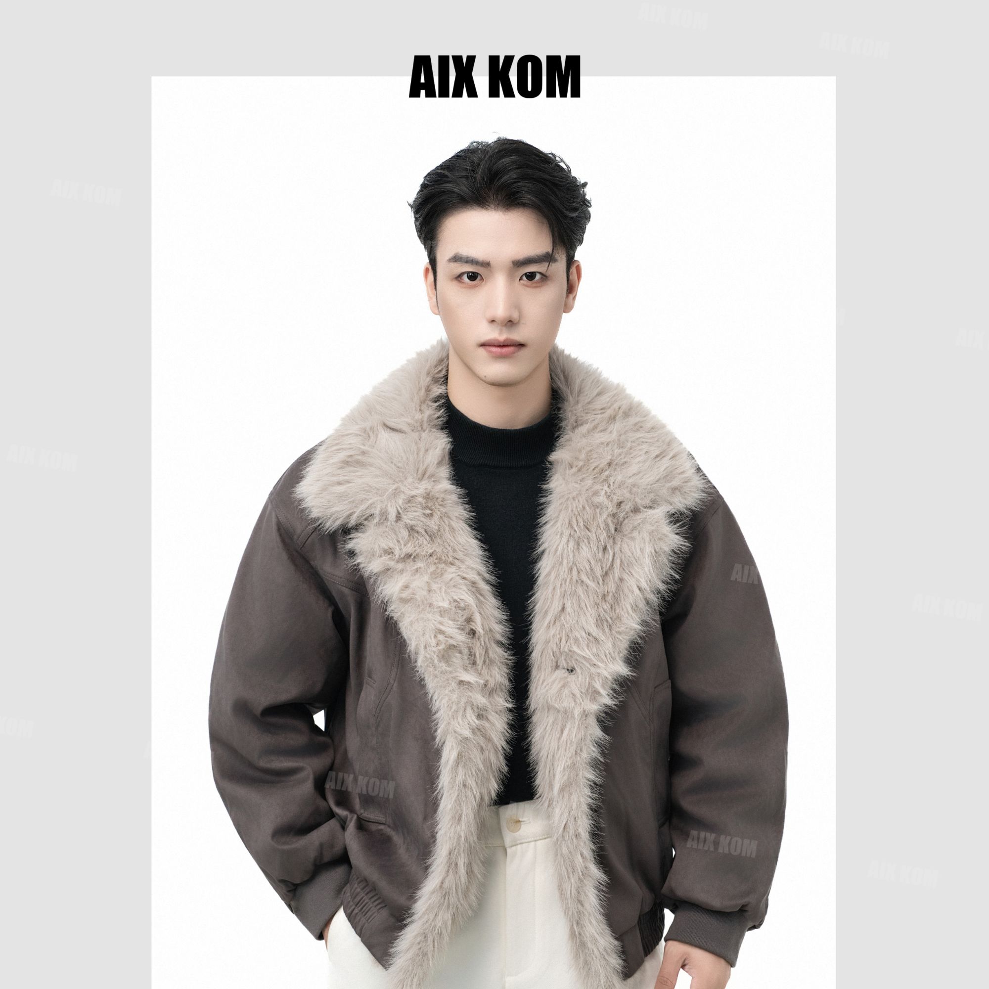 AIXKOM｜2025冬季座山雕新款皮毛一体短款加厚保暖翻领外套男生