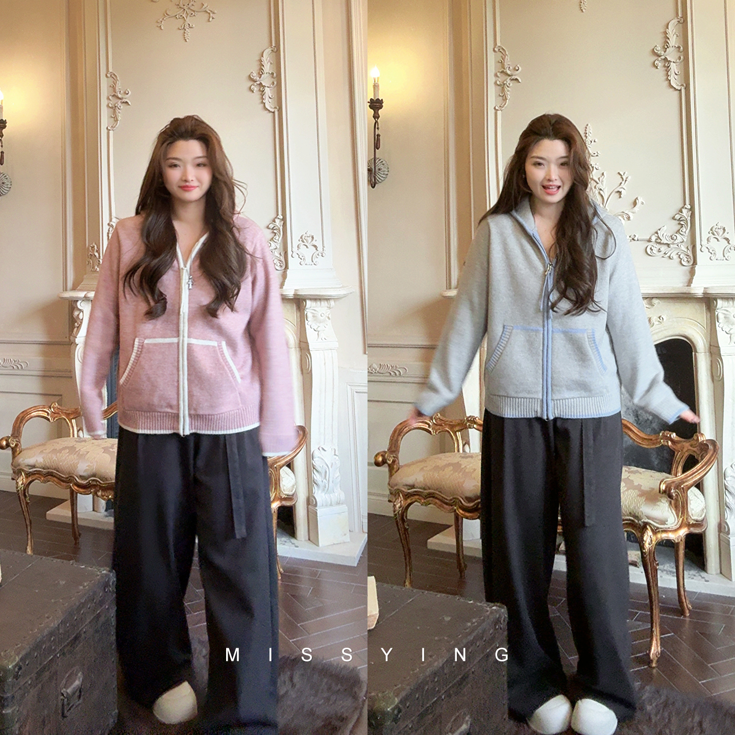 应小姐【松弛假期】微胖大码秋冬显瘦百搭复古宽松撞色连帽针织毛衫