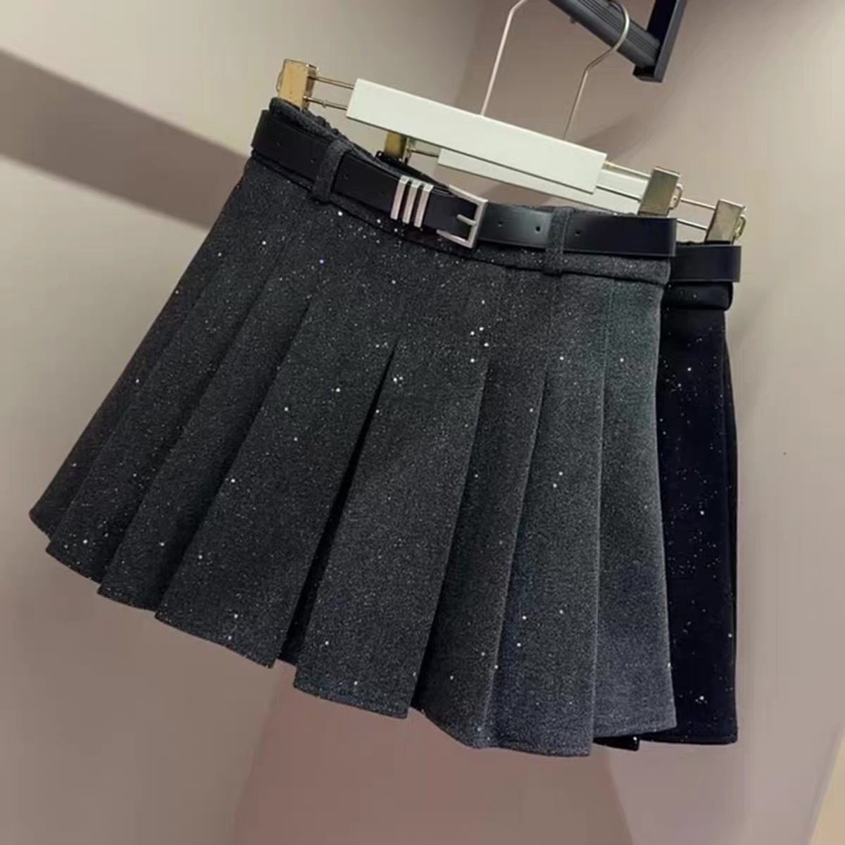 5827加厚毛呢亮片百褶半身裙秋冬高腰显瘦