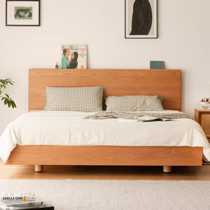 北欧实木床樱桃木简约1.5米单人日式原木主卧1.8米双人橡木悬浮床