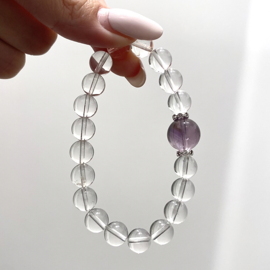 水晶手链 双A白水净体级别紫水顶珠款