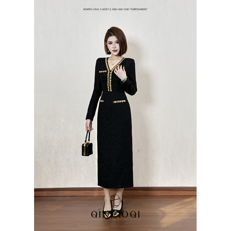 七小七Sicily【贵感名伶】法式黑色设计感连衣裙秋季小众名媛风长裙