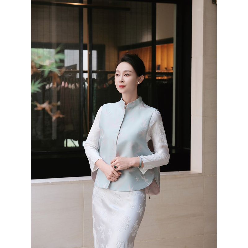 盛唐牡丹文竹真丝花锦缎马甲