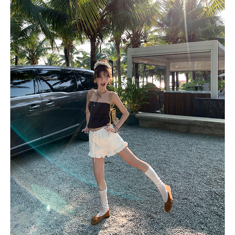 【温婉撩人】木耳边系带阔腿短裤女低腰显瘦休闲裤4072