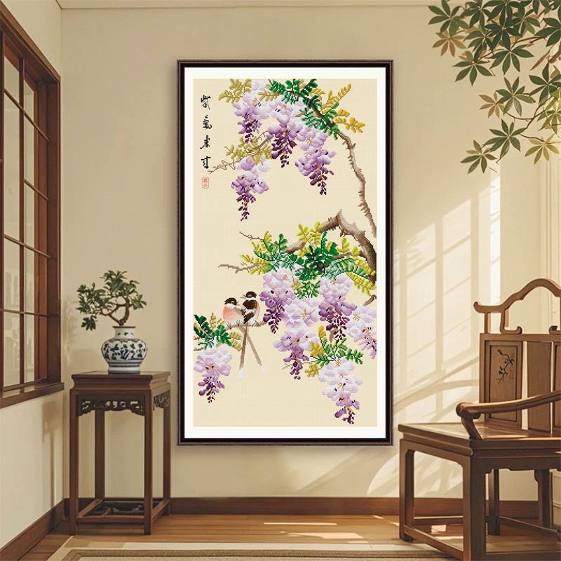 春天十字绣新款线绣花鸟紫气东来紫藤花国画适合餐厅茶室玄关挂画