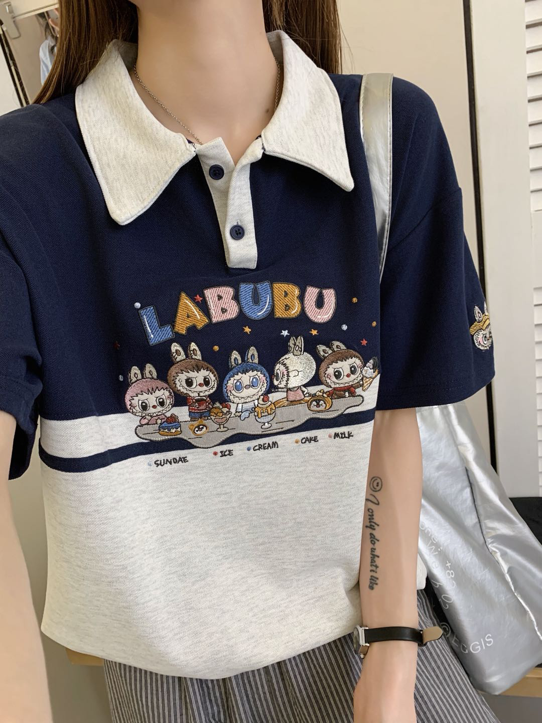 5255下午茶怪兽撞色拼接珠地棉翻领Polo衫夏季新款韩版宽松女短袖