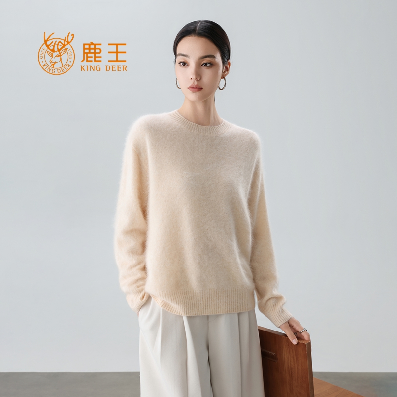 鹿王25秋冬新款女圆领100山羊绒休闲百搭拉绒针织套衫 L786