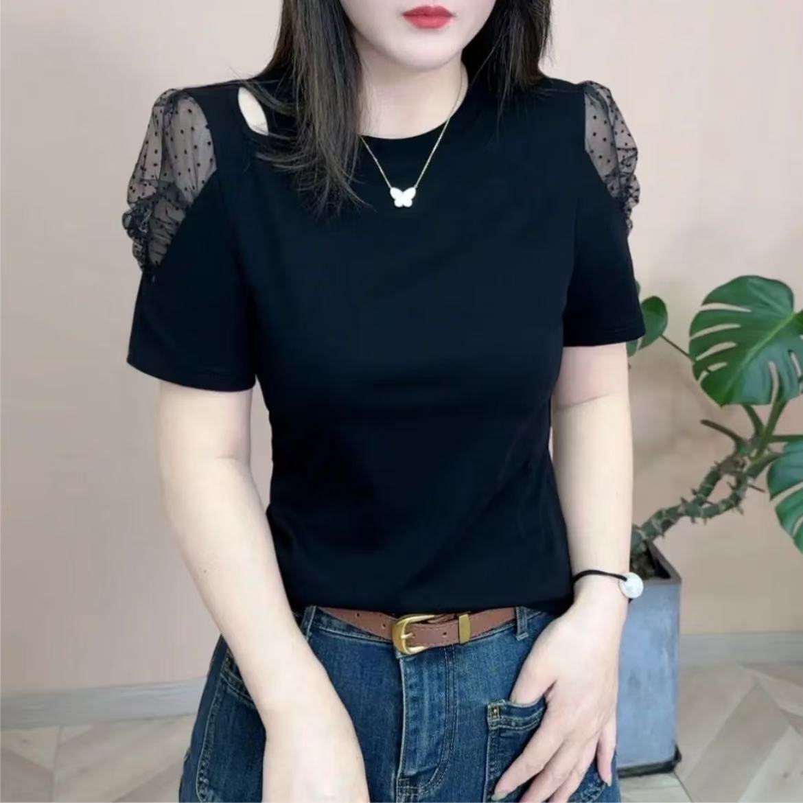 新款夏季女士圆领镂空波点网纱百搭时尚洋气气质休闲减龄短袖T恤