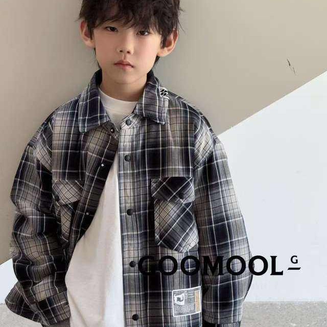 波拉韩男童秋装格子衬衫2025儿童衬衣外套中大童长袖宽松上衣夹棉