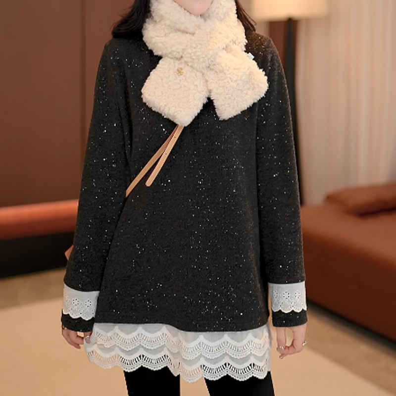 灰色圆领长袖T恤女2025春季新款蕾丝拼接设计感百搭中长款打底衫