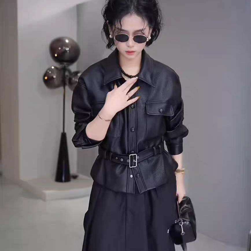 暗黑风方领短款常规款翻领PU时尚套装洋气显瘦上衣